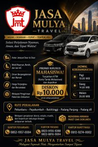 Jasa Mulya Travel – Solusi Perjalanan Aman, Nyaman, dan Tepat Waktu  Sedang mencari layanan travel yang nyaman untuk perjalanan dari Pekanbaru menuju Payakumbuh, Bukittinggi, Padang Panjang, Padang, dan berbagai kota lainnya? Jasa Mulya Travel hadir sebagai pilihan terbaik dengan pelayanan profesional, armada bersih, dan pengemudi berpengalaman yang siap mengantarkan Anda sampai tujuan dengan aman.  Kami menyediakan layanan antar jemput (door to door) sehingga Anda tidak perlu repot datang ke terminal. Perjalanan menjadi lebih praktis, hemat waktu, dan nyaman untuk keperluan bisnis, liburan keluarga, maupun perjalanan pribadi. Armada yang terawat dengan baik dilengkapi AC, kursi yang nyaman, serta bagasi yang memadai untuk membawa barang bawaan Anda.  Jasa Mulya Travel selalu mengutamakan ketepatan waktu, keamanan, dan kepuasan pelanggan. Dengan harga yang bersahabat dan pelayanan yang ramah, kami siap menjadi mitra perjalanan terpercaya bagi masyarakat Riau dan Sumatera Barat.  Segera lakukan reservasi dan nikmati pengalaman perjalanan yang lebih mudah dan menyenangkan bersama Jasa Mulya Travel. Percayakan setiap perjalanan Anda kepada kami, karena kenyamanan dan keselamatan pelanggan adalah prioritas utama. Jasa Mulya Travel – Teman Setia Perjalanan Anda, Siap Melayani dengan Sepenuh Hati!